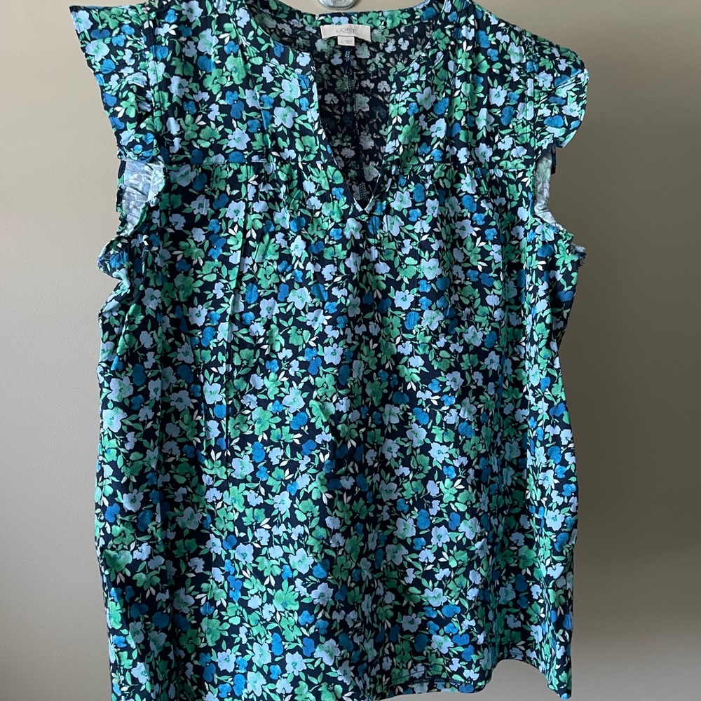 LOFT Blue & Green Floral Sleeveless V-Neck Blouse